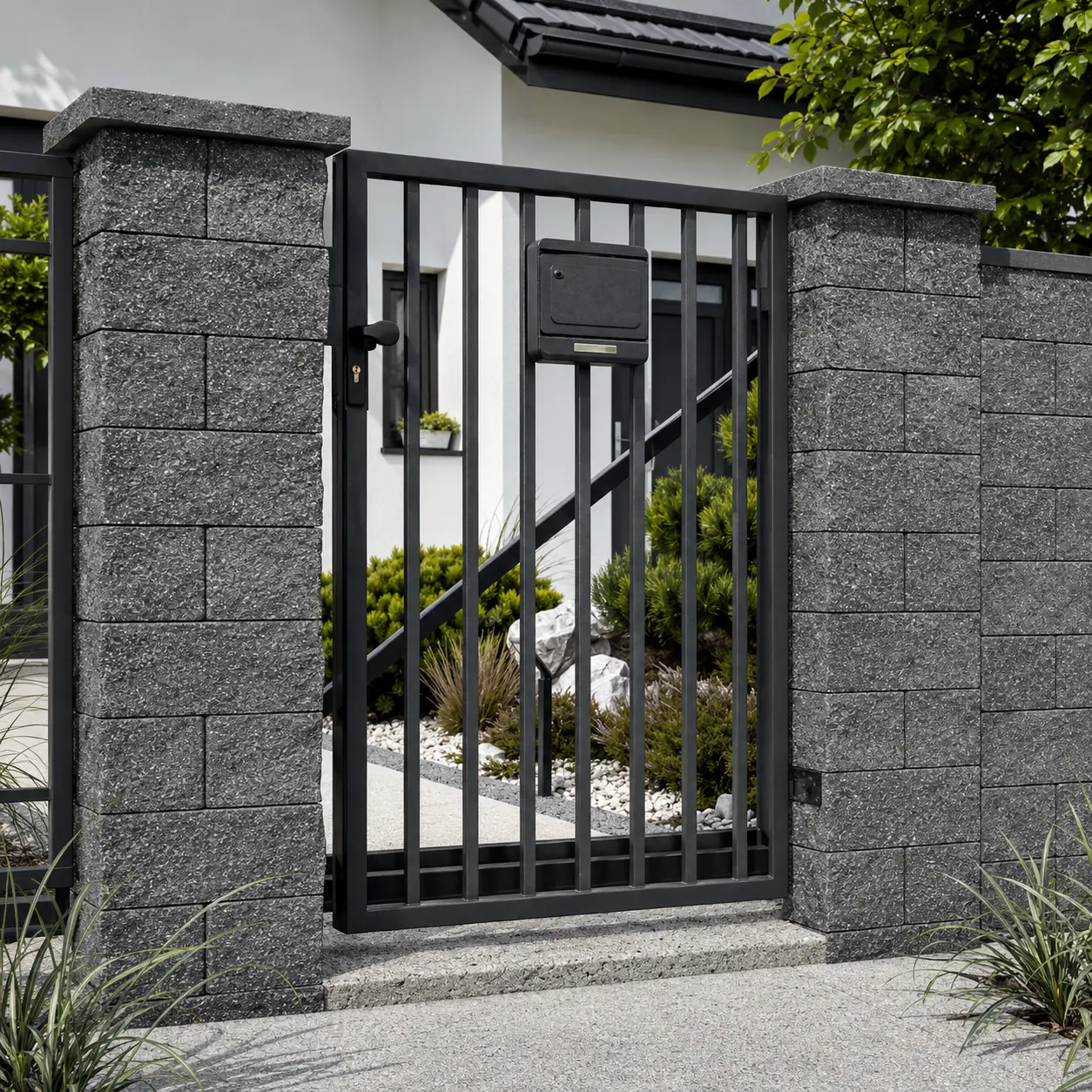 Grafitowe betonowe słupki ogrodzeniowe z metalową furtką
